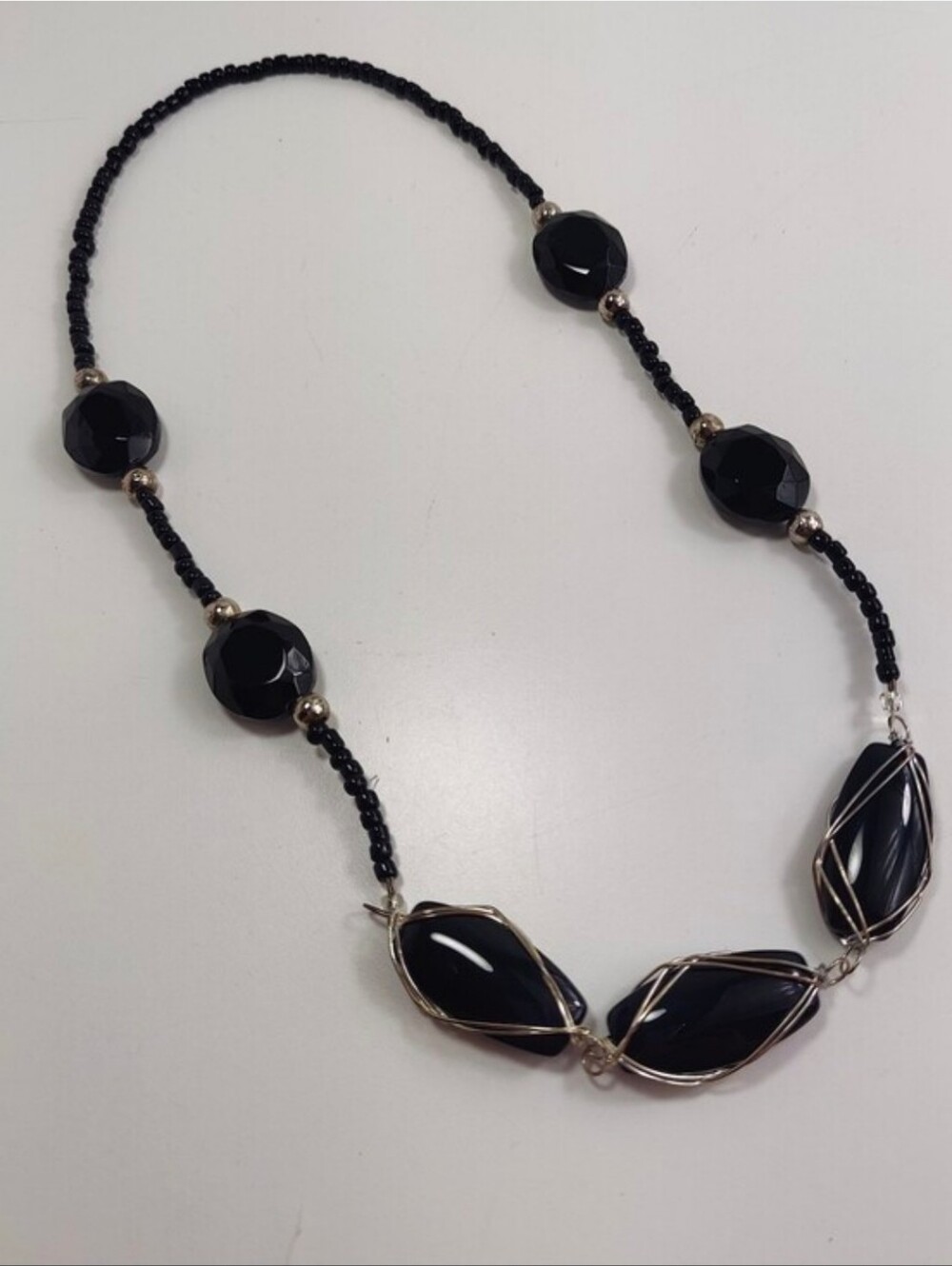 Black Faceted Glass Bead Wire Wrapped Statement Necklace Silver Tone Artisan